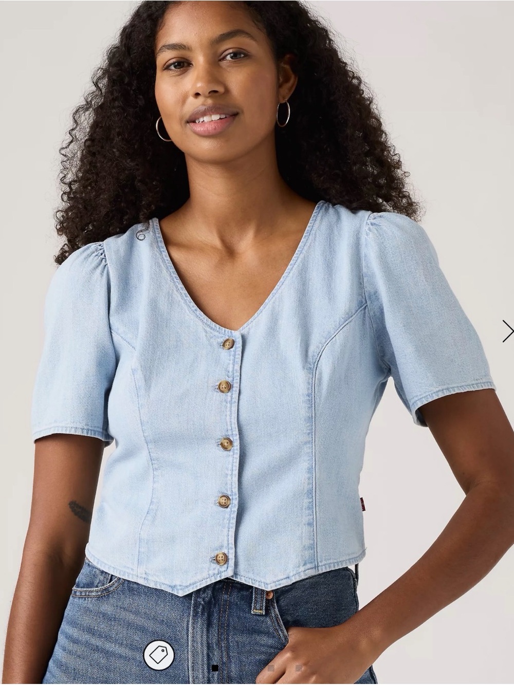 Levi's Light Wash Denim Button-Front Puff Sleeve Top